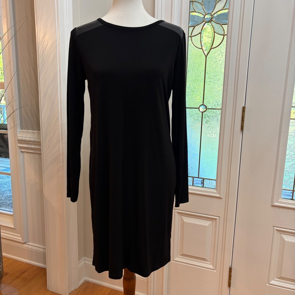 Michael Kors Black Long Sleeve Sheath Dress Faux Leather Trim Gold Zip M